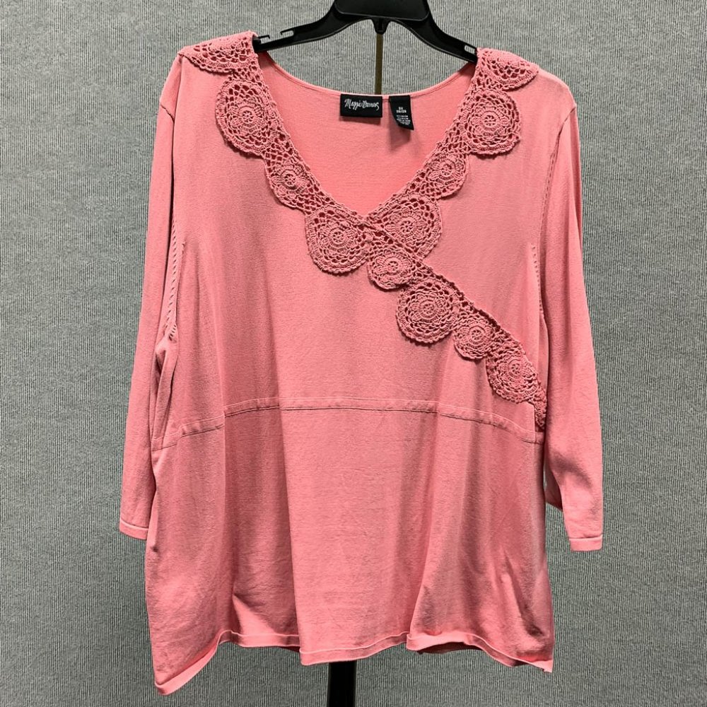 Pink Crochet Trim V Neck Light Sweater